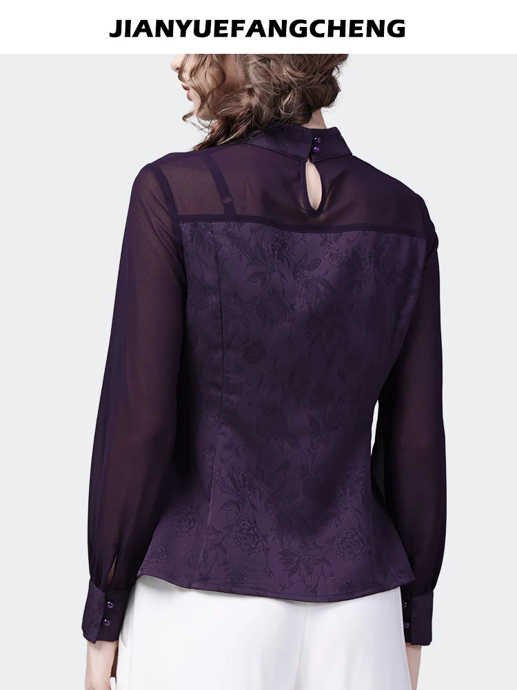 Women Autumn New Long Sleeve Stand-up Collar Purple Embroidered Shirt Vintage Casual Chinese Style Ladies Tops And Blouses