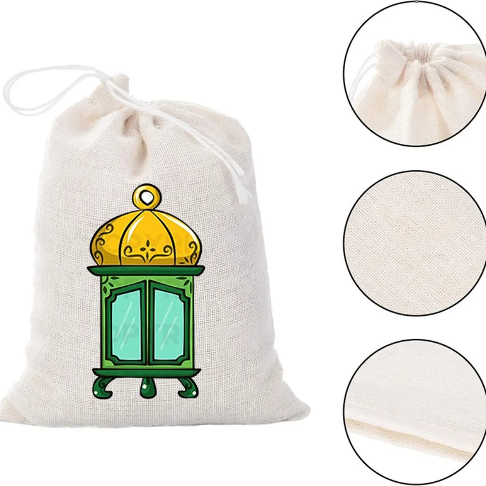 Moon Mosque Pattern Linen Drawstring Bags New Eid Mubarak Islam Eid Pouches Candy Moslem Gift Packaging