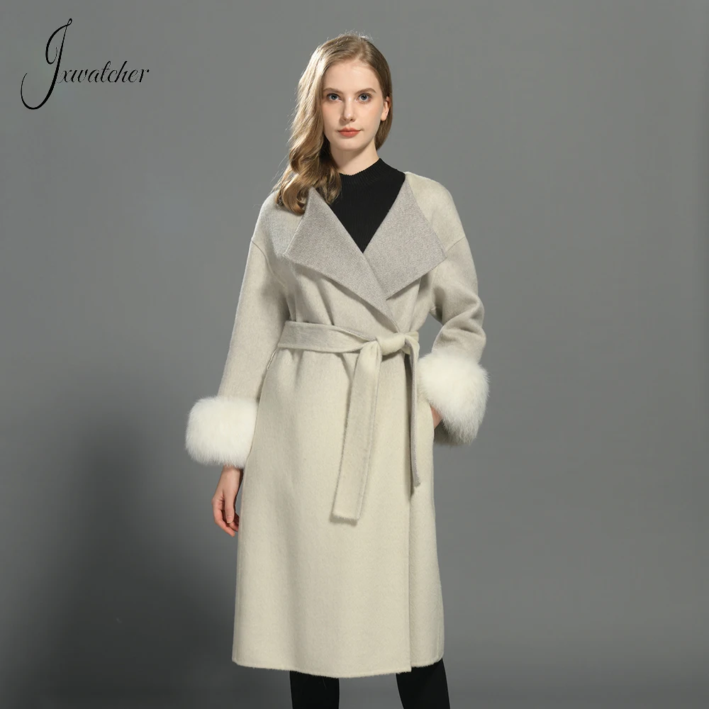 Jxwatcher Women's Wool Coat Real Fur Cuff Elegant Gradient Color Cashmere Trench Coats Winter Turn-down Collar Long Outwear Fall