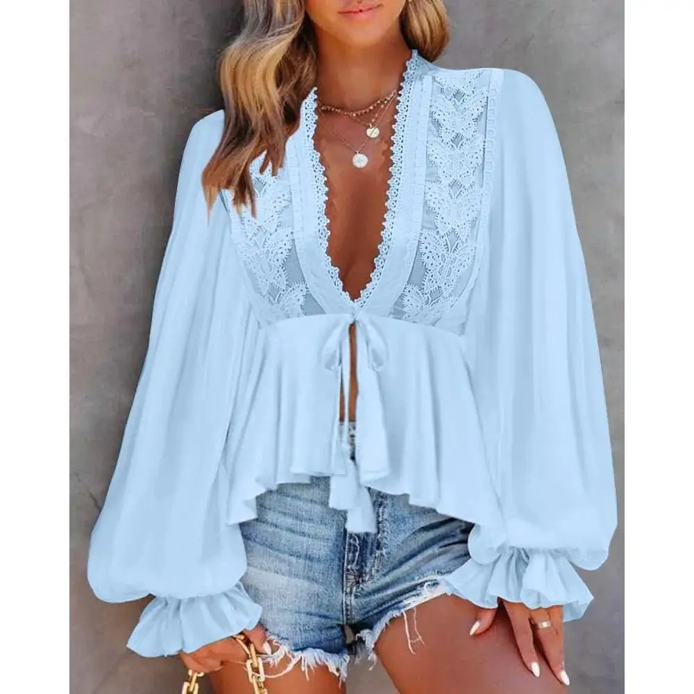 

Blouses Women Fashion 2025 Spring Casual Solid Tops Sexy Plunge V-Neck Lace Patch Frill Hem Ruched Lantern Sleeve Top Lady Shirt
