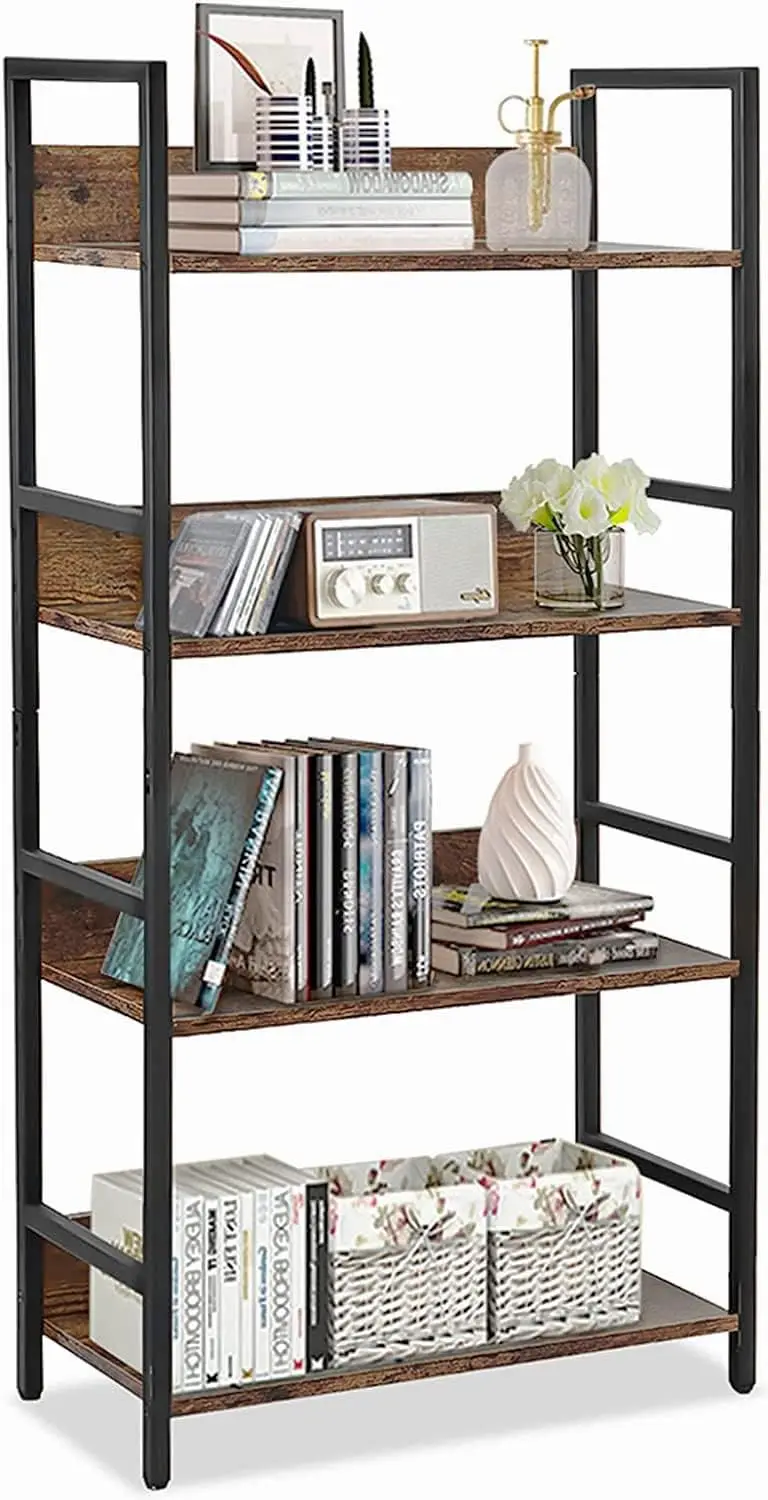 

Bookshelf 4 Tier Industrial Bookcase Rustic Wood and Metal Standing Bookshelf with Back Panel Book Shelf for Bedroom