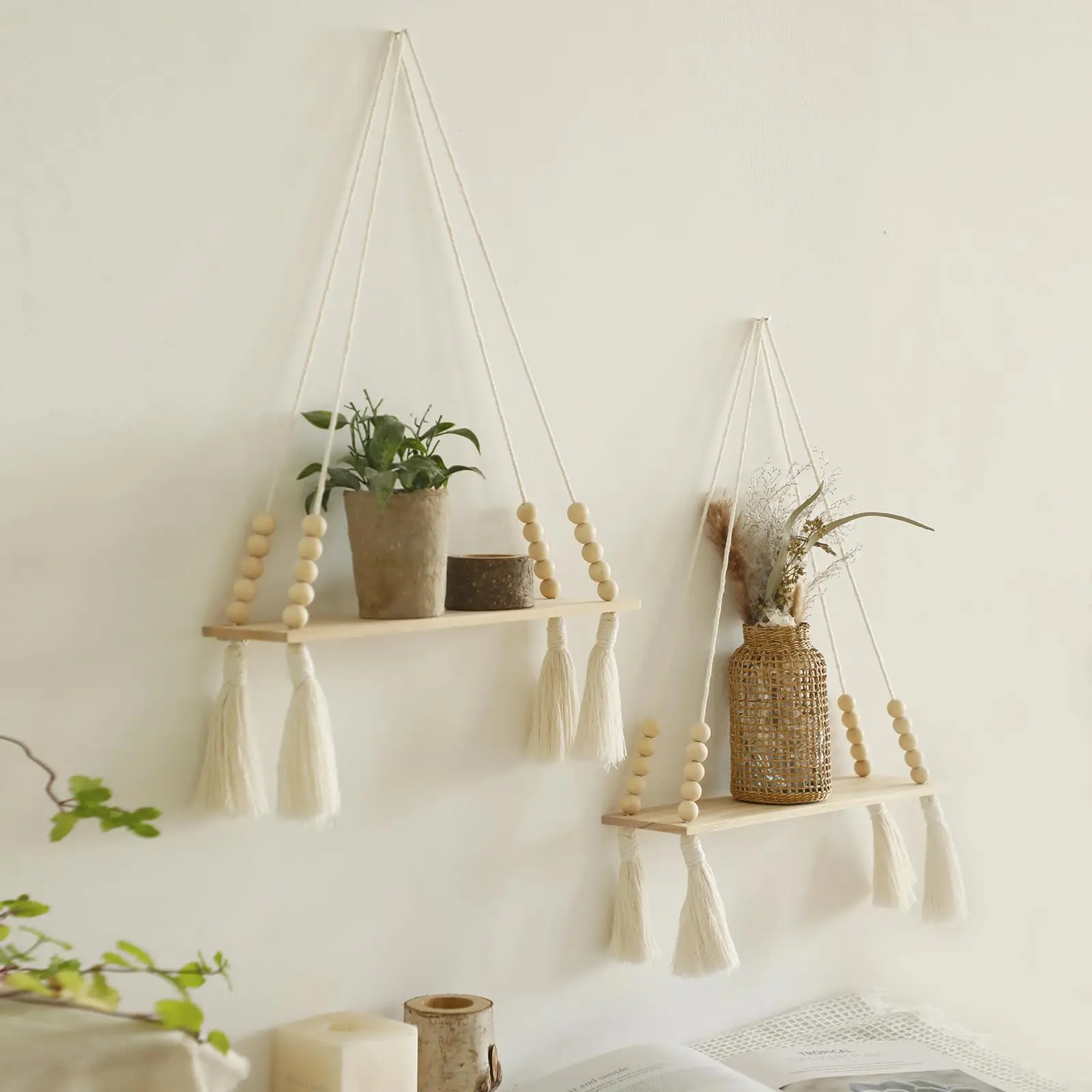 Makramee-Wandregal zum Aufhängen, schwebendes Wandregal, Boho-Heimdekoration, Regale, Wand, Holzdekoration für Schlafzimmer, Wohnzimmer, Kinderzimmer, Geschenk – Detail 4