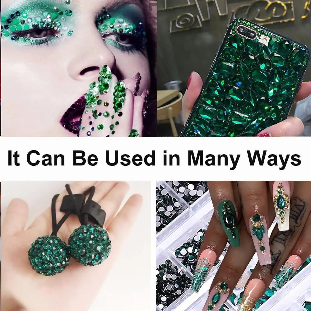 Nail Rhinestones,  Green Nails Art Diamond with 2680 Pcs Gem Stones Beads, Emerald Green Clear Nail  Charm for DIY Decoration