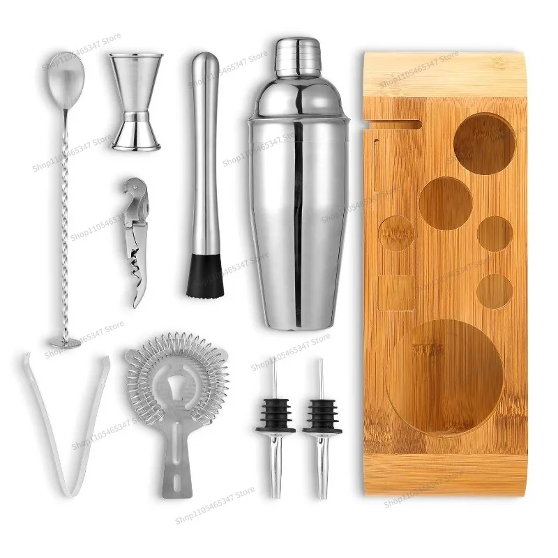 For Stainless Steel Bartending 10-piece Set of Tools, Oval Wooden Frame Base 750ML Bartending Set