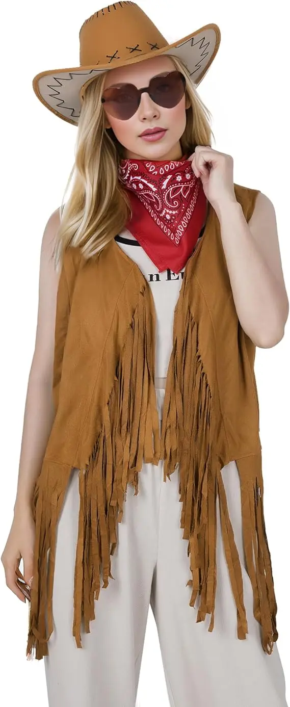 Western Cowgirl Outfits Set Fringe Vest Cowboy Hat Sunglasses Bandana Women men Halloween Costumes Dress Up Wild West Cosplay