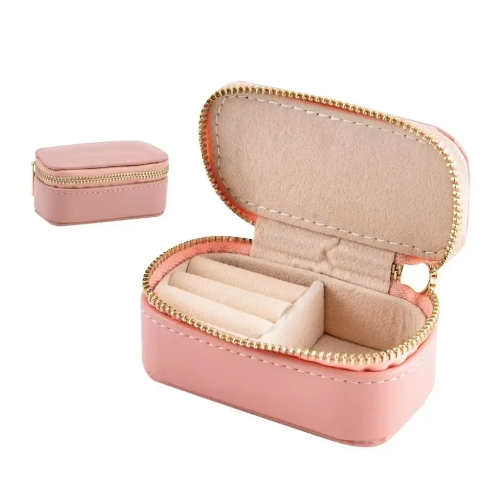 Vintage Mini Portable Jewelry Box Square PU Leather Necklace Ring Case Jewelry Display Case Zipper Earring Organizer Outdoor
