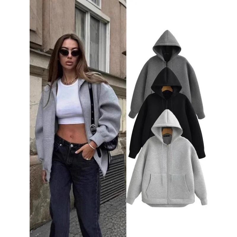 

2025 Casual Women's Soild Zipper Hoodie Long Sleeve Big Pocket Zipper Jacket With Hood Female Loose Outerwear Coat TopsVersatile