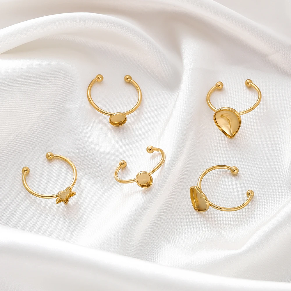 5pcs Stainless Steel Adjustable Ring Base Settings Blank Bezel Cabochons Flat Blank Heart Tray Resin Ring for Jewelry Making