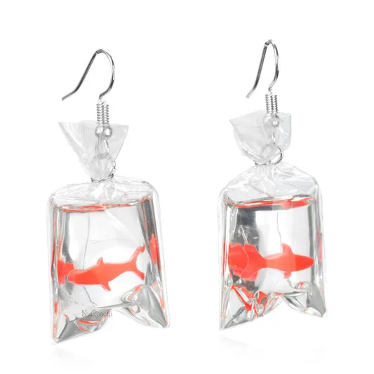 1Pair Creative Water Bag Pendant Novel Koi Transparent Resin Goldfish Earrings