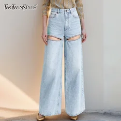 TWOTWINSTYLEt Loose Spliced Diamonds Denim Wide Leg Pants For Women High Waist Patchwork Button Hollow Out Jeans Female Fashion