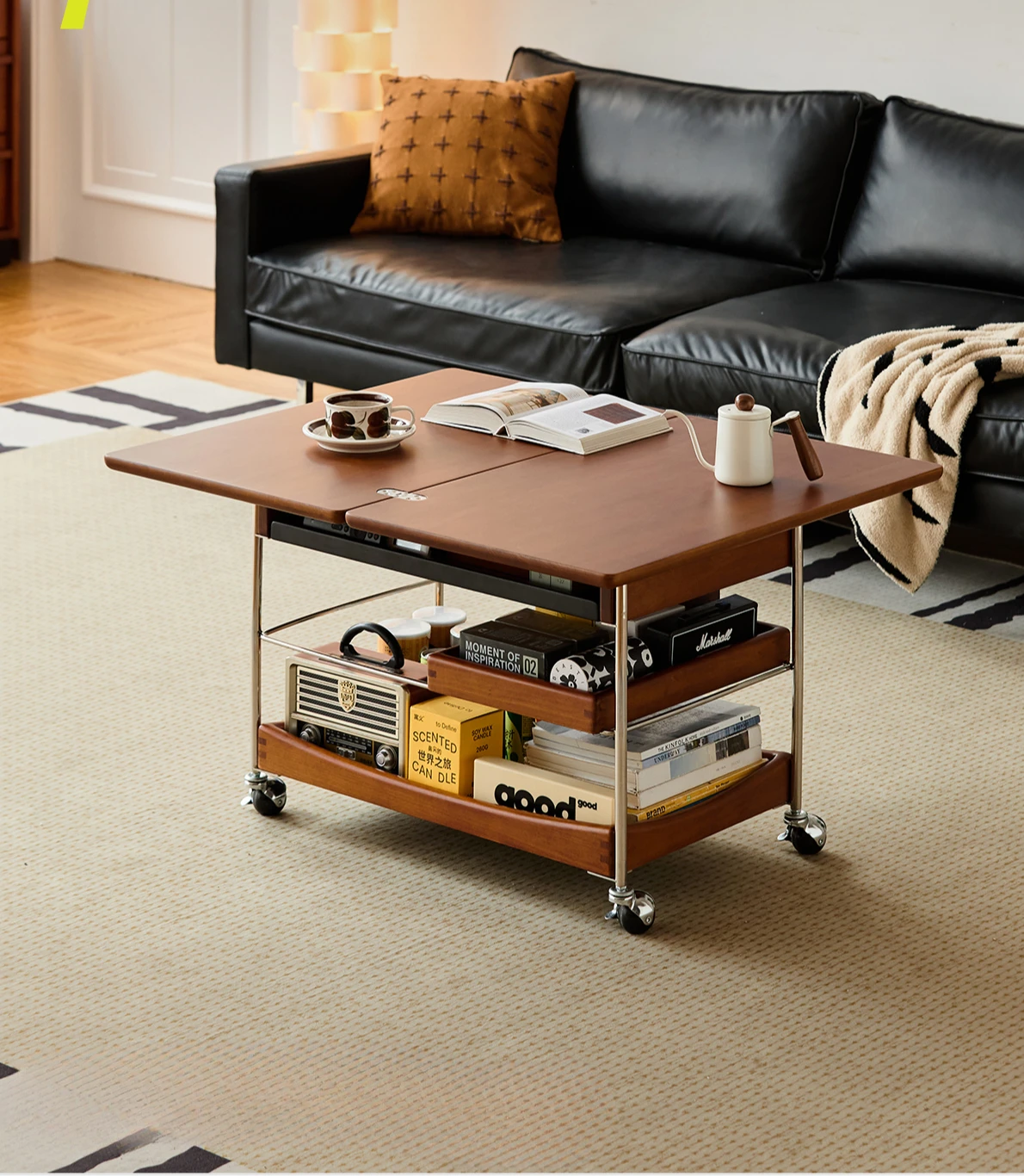 

Solid wood coffee table household living room trolley antique small apartment movable folding coffee table sofa edge table