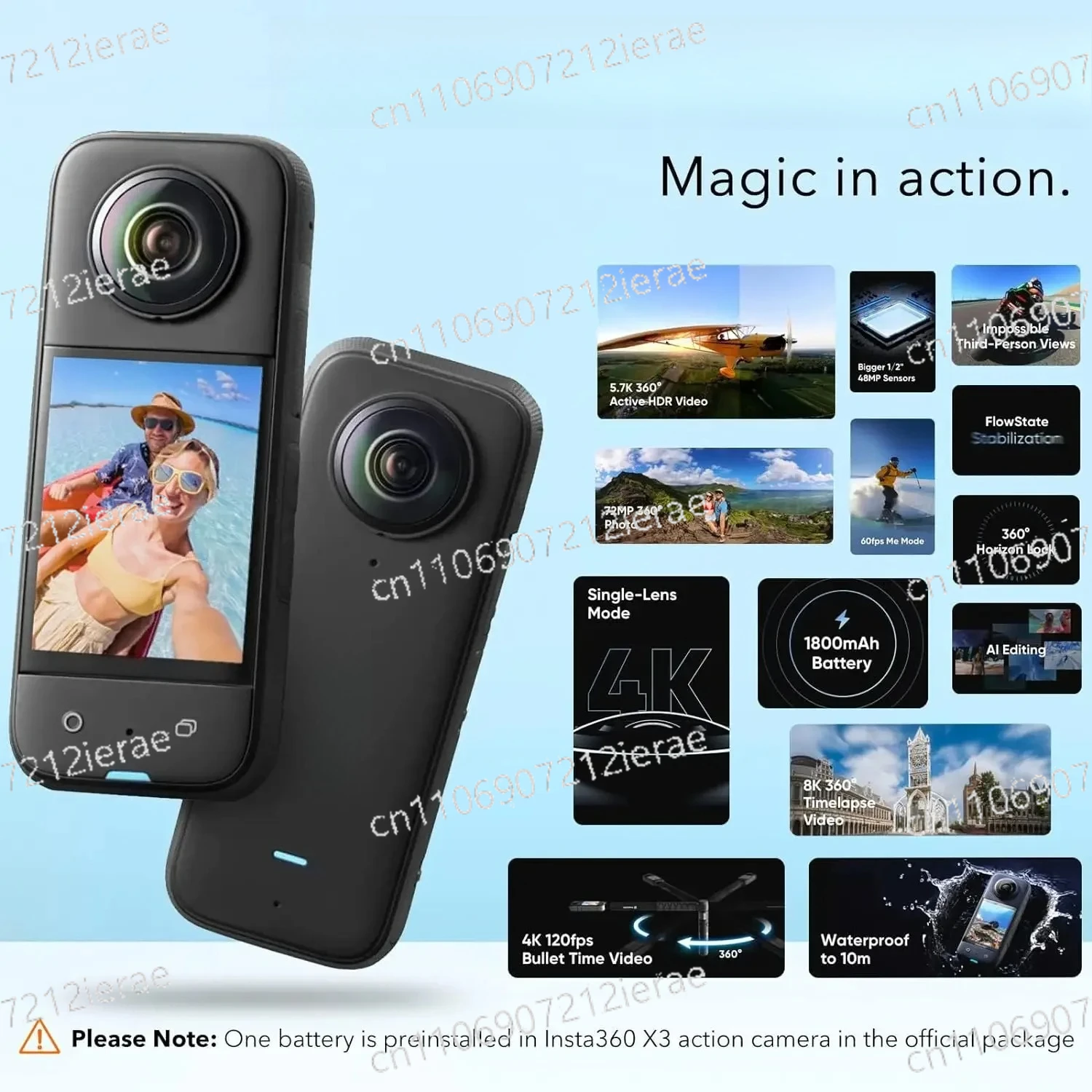 Newest Insta 360 X3 4K Video Active HDR Mode 10M Waterproof Sports Action  With Selfie Sticker