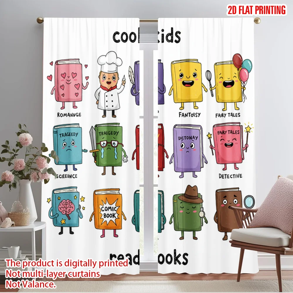 

2pcs 2D flat printing Party Window Curtains Cool Kids Read Books Polyester Without Electricity Birthday Party Use for gold wall