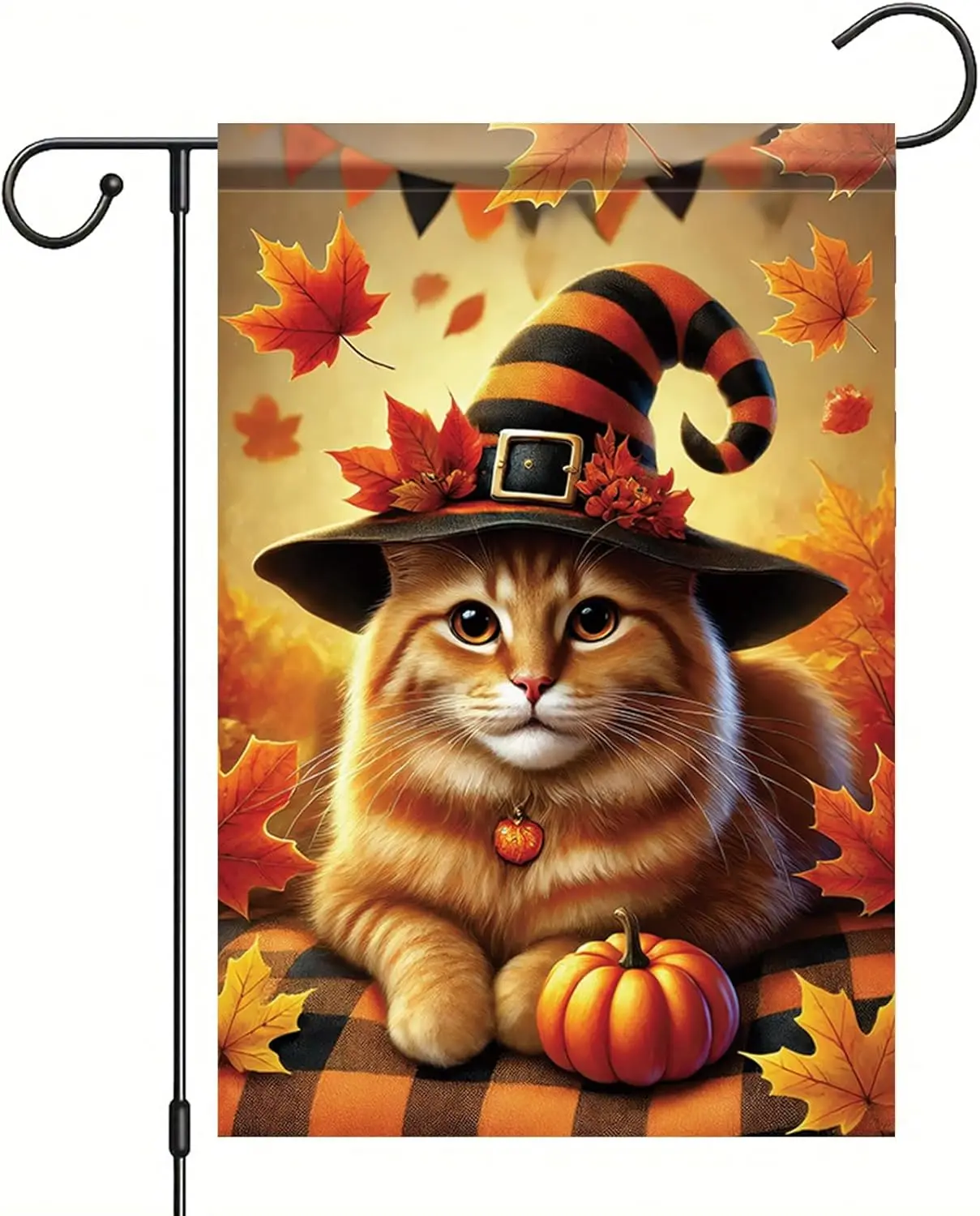 Halloween Fall Garden Flag Orange Cat with Pumpkin Hat Flag 12x18 Inch Double-Sided Autumn Witch Hat Plaid Blanket Yard Bann hhz