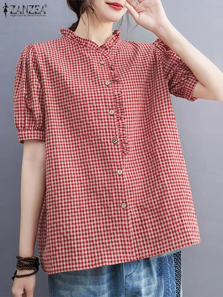 ZANZEA Summer Checked Blouse Women Elegant Puff Sleeve Shirt Vintage Grid Printed Tops O Neck Work Blusas Casual Loose Chemise