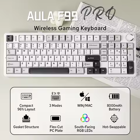 Aula F99 PRO 96% Mechanical Gaming Keyboard BT5.0/USB-C/2.4G Wireless Hot Swappable Gasket Custom Keyboard With 8000mAH Battery