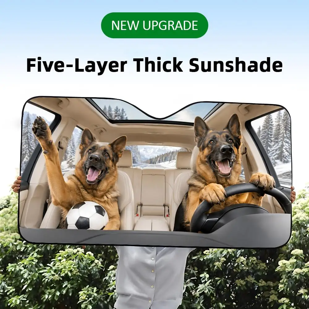 A five-layer thick car windshield sunshade with a funny graphic print of German Shepherd dogs throwing a soccer party.
