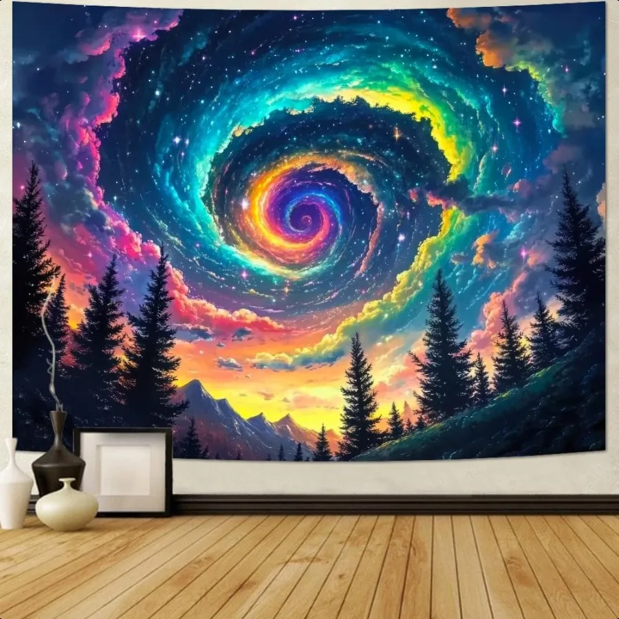 

Galaxy Space Tapestry Colorful Starry Sky Wall Tapestry Trippy Pine Forest Mountain Tapestries Fantasy Cosmic Landscape Tapestr