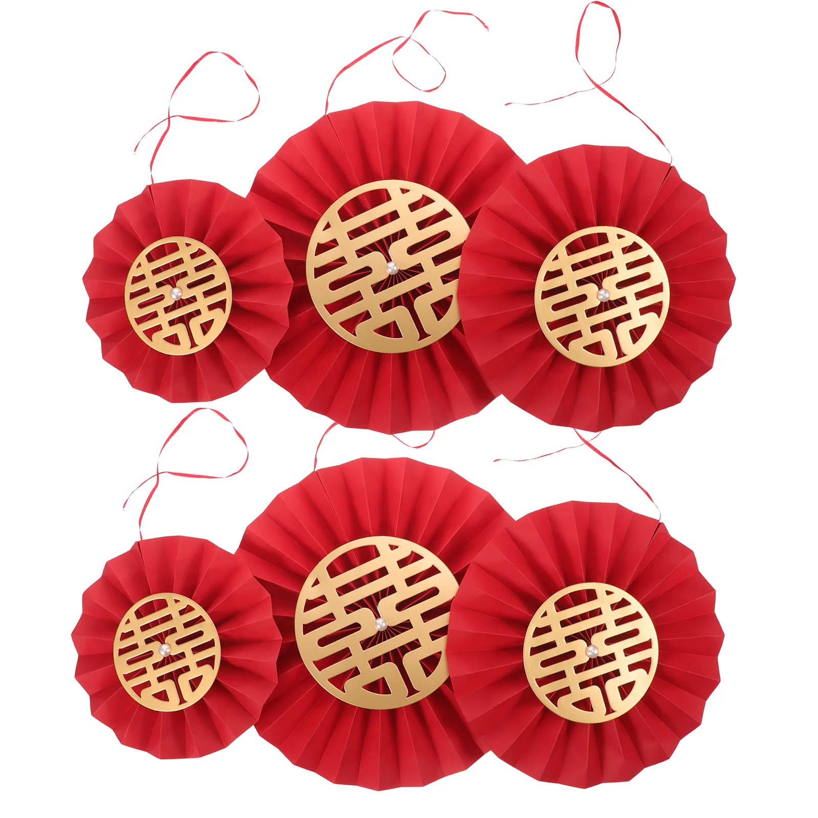 

6Pcs Red Paper Fan Flowers Refined Chinese Wedding Party Decoration Hanging Fan Flower Ornament Wedding Ornament