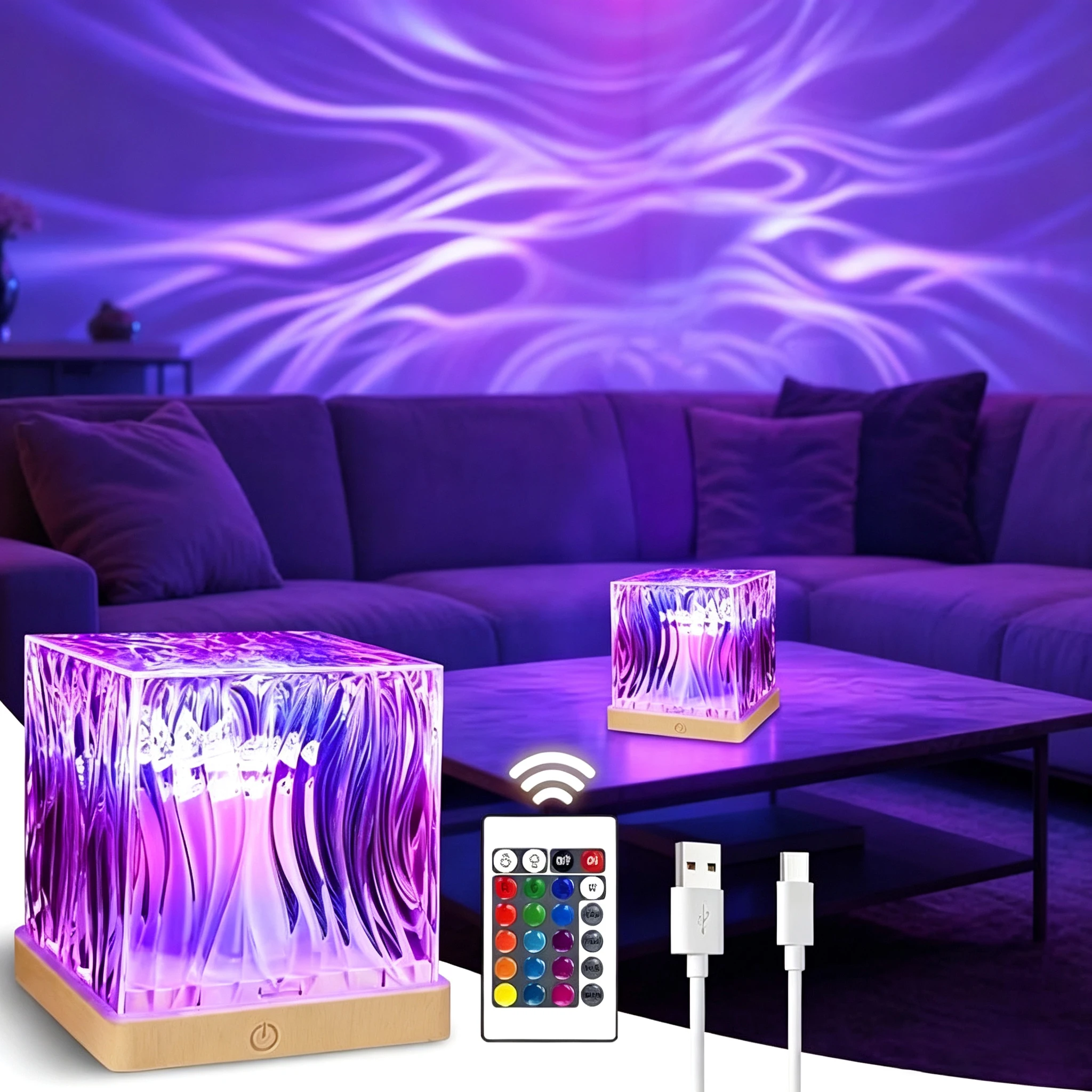 16 Colors Aurora Night Light Remote Control Table Lamp Dynamic Water Ripple Ambient Lamp Auto Rotate for Bedroom Home Decor Gift