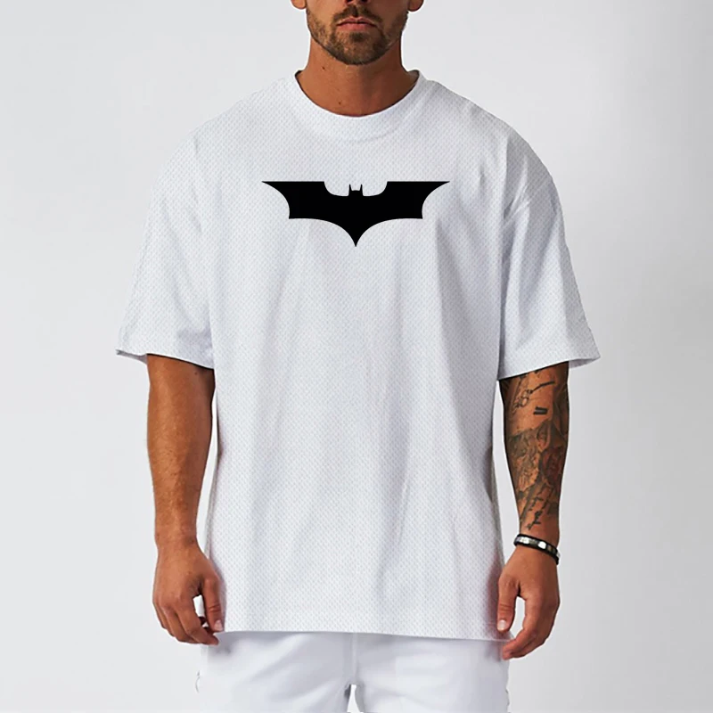 Black Bat Print Oversized Mesh Quick Dry T-Shirt Gym Bodybuilding Loose Short Sleeve Muscle Shirt Mens Fitness Breathable Tops