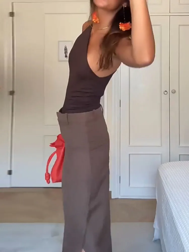 Moda oco sem mangas feminino 2 peça conjunto casual irregular sólido outfit sexy slant neck sem mangas topo e calças de perna larga terno