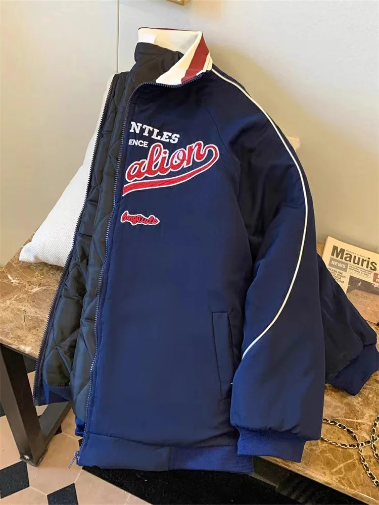 

Retro High Street Oversize Open Cardigan Jaet Contrast Color Letter Collar Baseball Sle Loose Fit Women's Spring Autumn