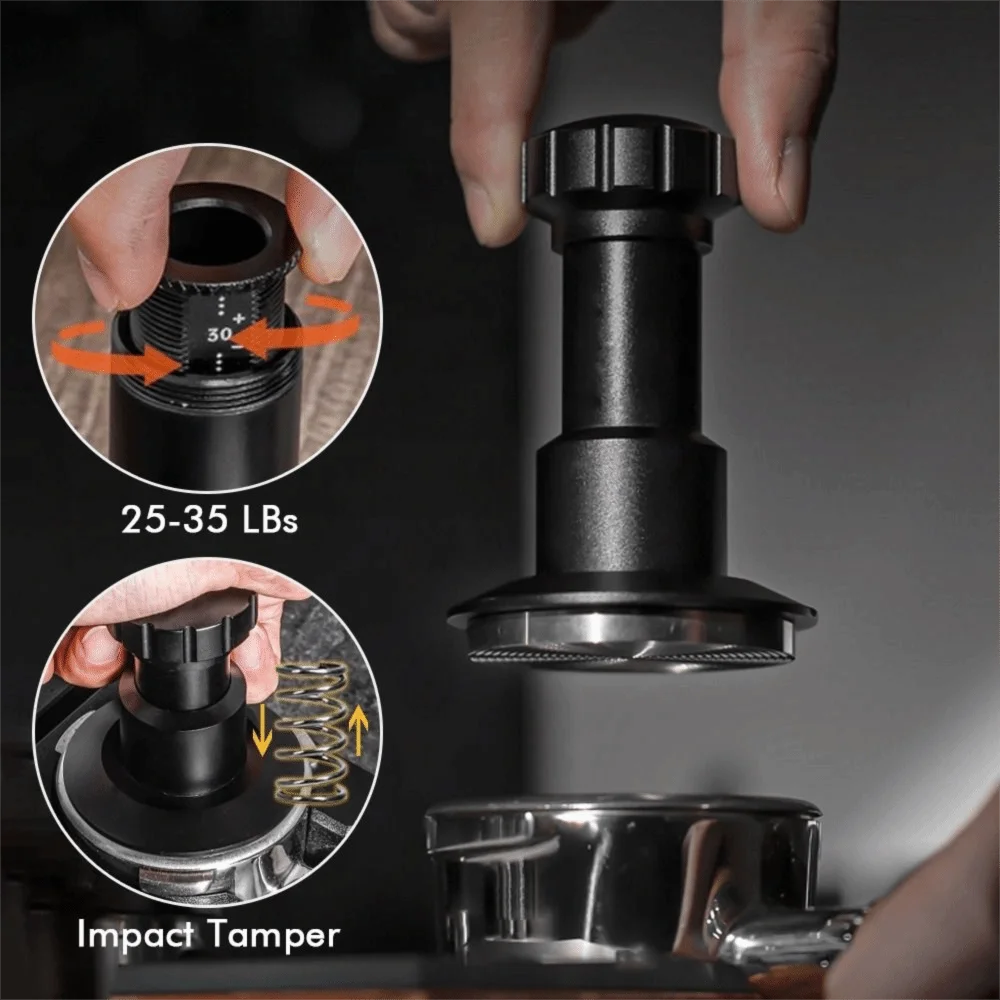 

Adjustable Spring Loaded Coffee Tamper Stainless Steel 58.35mm 53mm 51mm Coffee Impact Tamper Ripple Base Constant Pressure