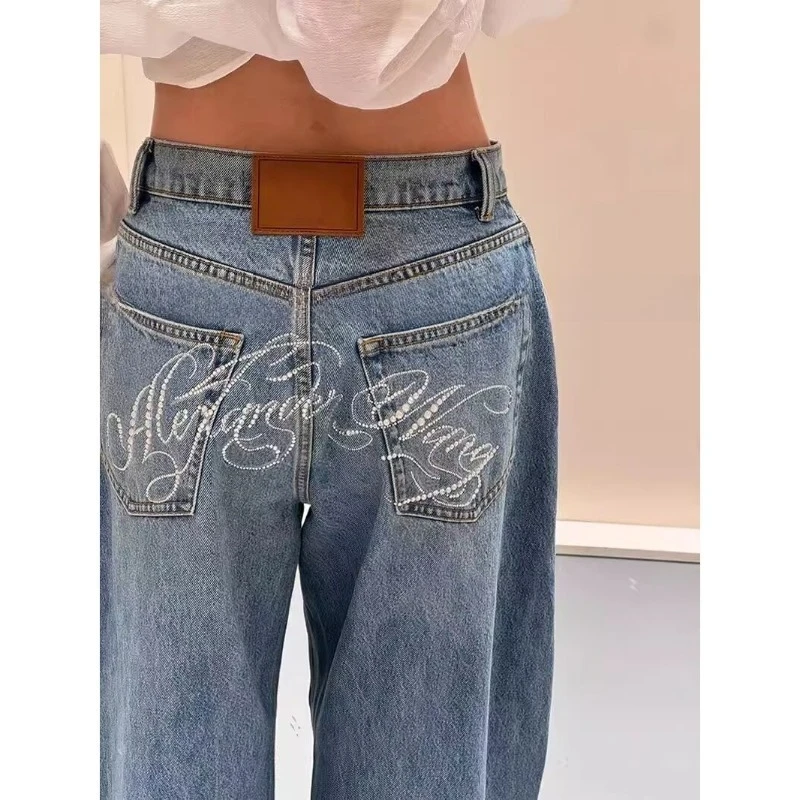 

American Retro Rhinestone Curved Jeans Women New Loose Draped Wide Leg Long Denim Pants Fashion Streetwear Trendy Casual Bottoms
