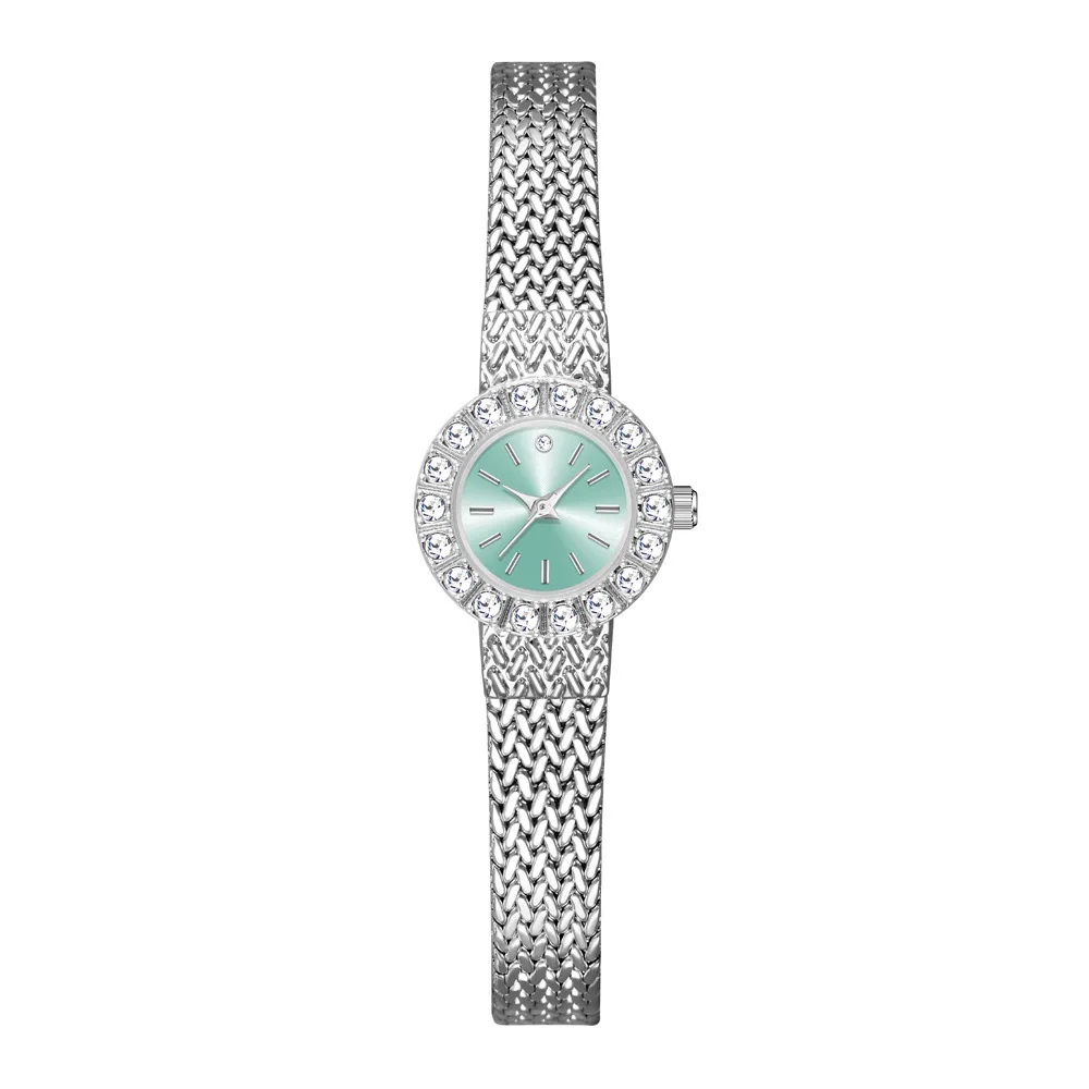 Reloj de cuarzo para mujer, Reloj de lujo dorado y plateado con banda de acero inoxidable, Reloj de pulsera con esfera pequeña Orologio verde azul claro para mujer