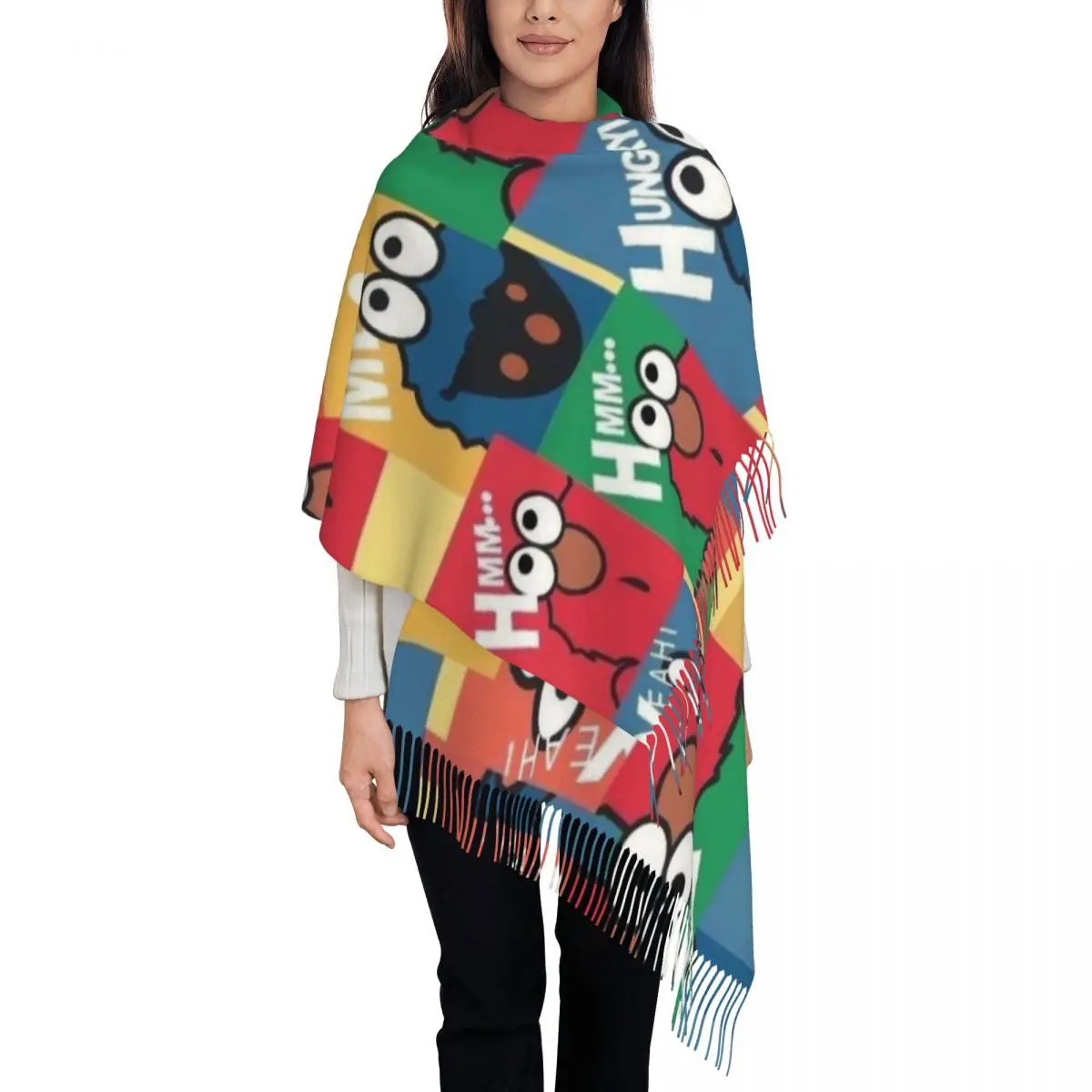 

Custom Luxury Cookie Monster Television Programs Tassel Scarf Women Winter Warm Shawls Wraps Lady Scarves