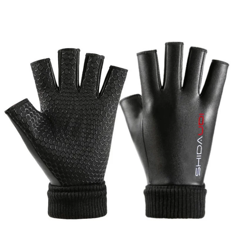 Two Fingers Flip-Up Gloves, PU Leather Warm Gloves, Waterproof and Cold-Proof, Winter Outdoor Cycling, Driving and Fishing