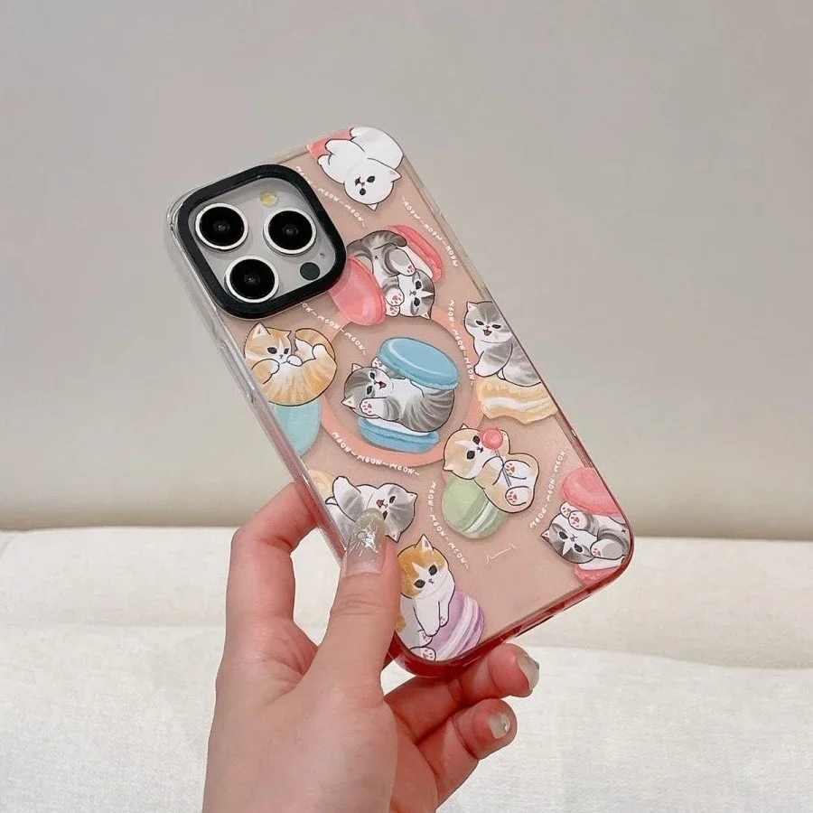 Funda magnética con borde transparente para IPhone, carcasa divertida con dibujo de gato, gradiente rosa, 13, 14, 15 Pro Max, 15 Pro Max