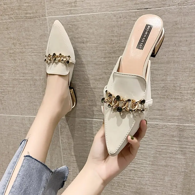 Slippers Women New Chain Mules Women Slides Square Toe Ladies Striped Shoes Summer Fashion Footwear Square Heel Women Shoes