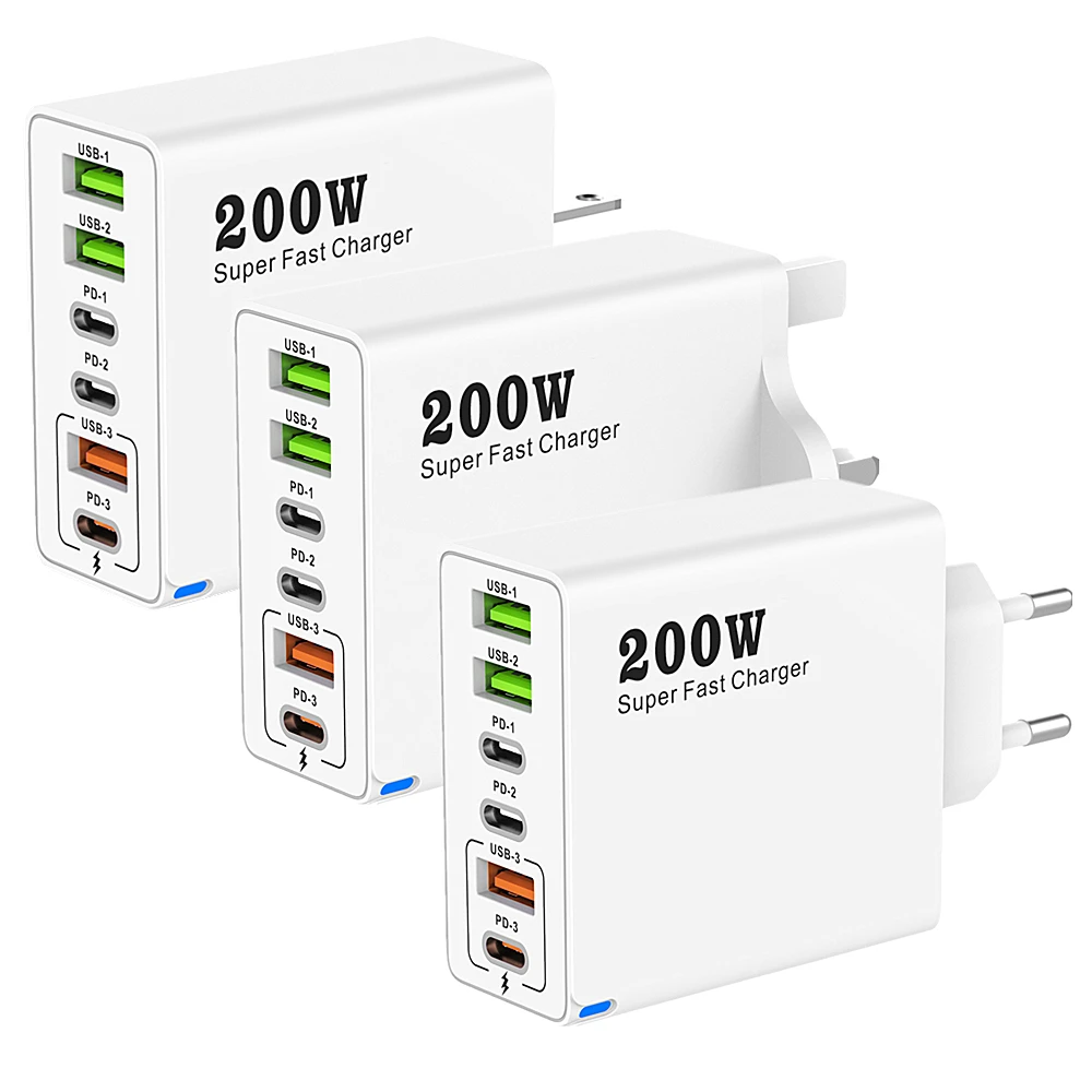 

6 Ports 200W Fast Charger USB C Multi Ports PD Quick Charge 3.0 Wall Phone Adapter for iPhone Samsung Huawei Xiaomi Devices