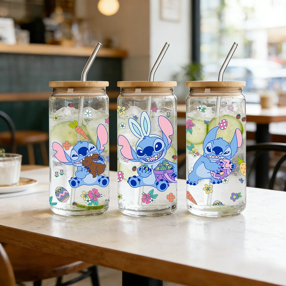 1pc 16oz Disney Stitch Easter Borosilicate Glass Tumbler with Lid & Straw Cute Summer Cup for Iced Coffee Juice Perfect Gift view 6