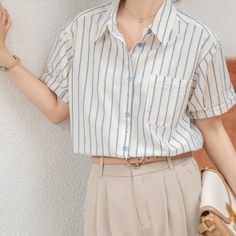 EVNISI Women Vintage Stripe Short Sleeve Shirt Summer Elegant Loose Office Blouse Single Breasted Casual Polo Collar Tops 2024