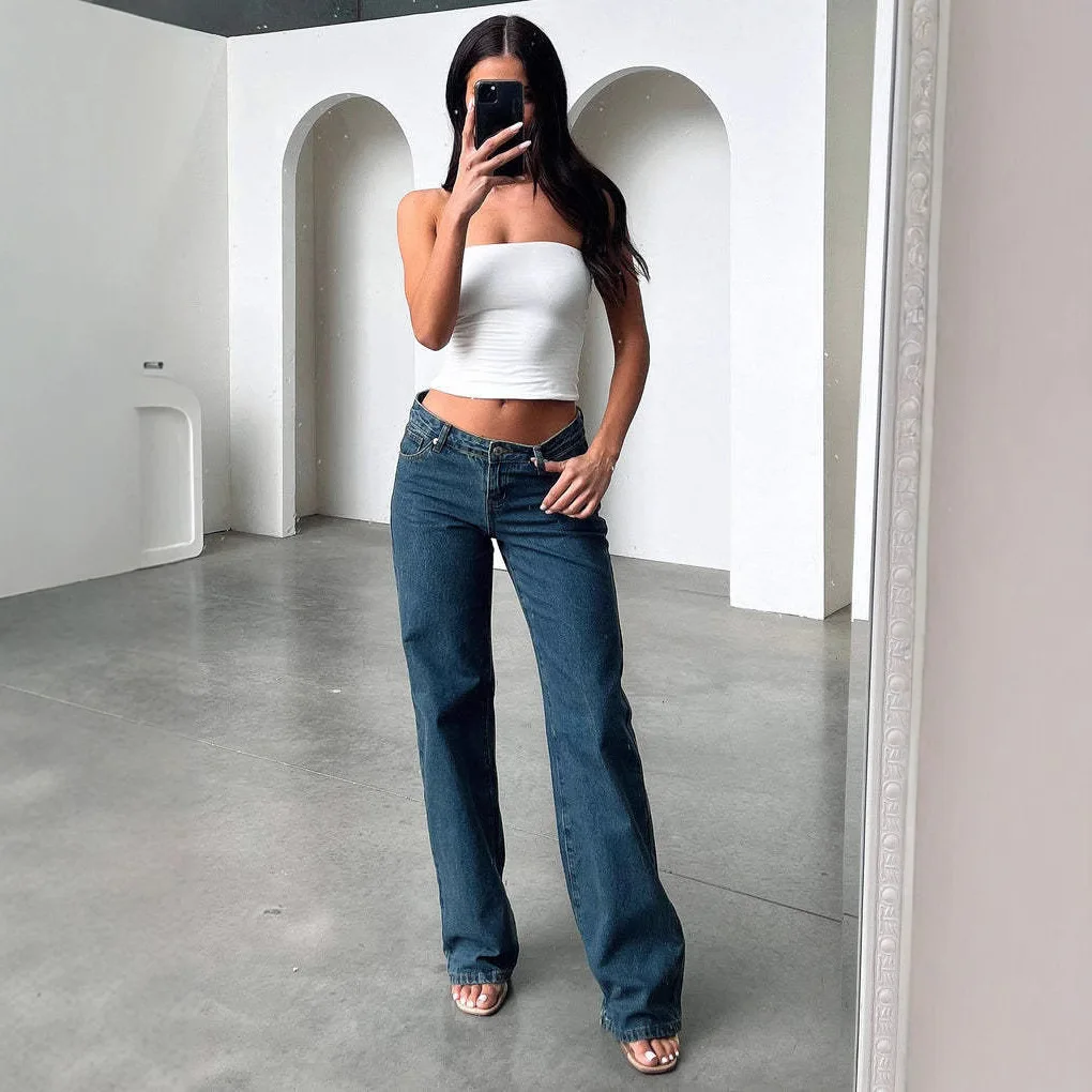 Straight Jean Women Washed Denim Full Length Pants Solid Loose Zipper Fly Low Waist Vintage Pockets Distressed  Summer