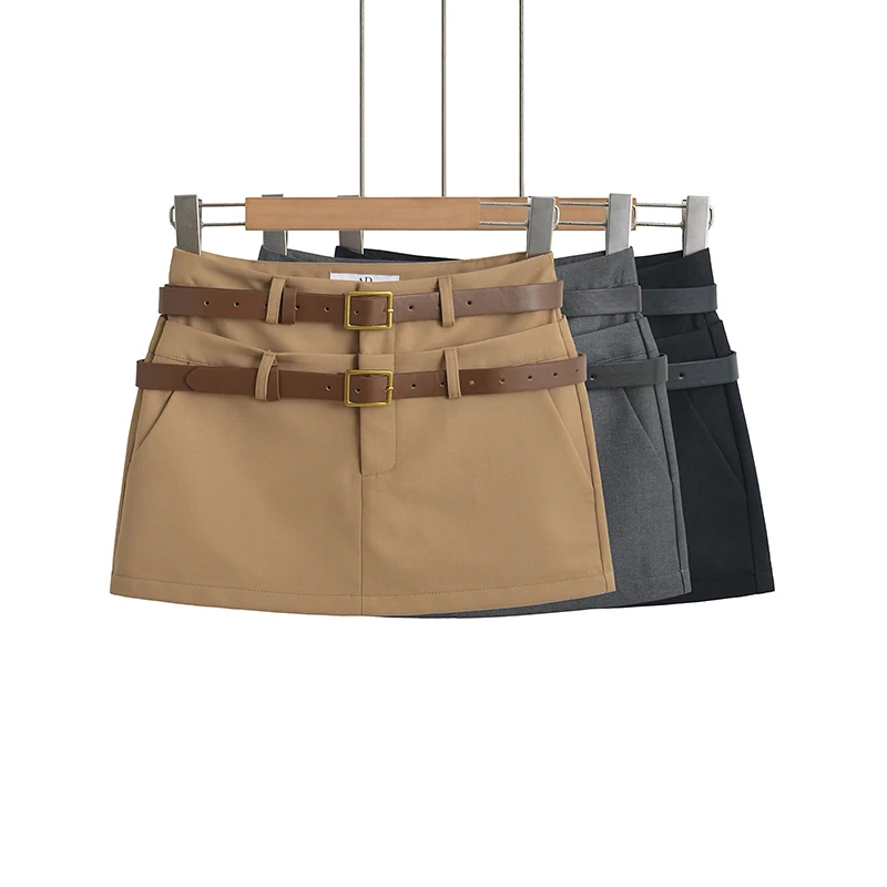 Black Mini Skirts Woman Y2k Clothes Summer High Waisted Skirts For Women Korean Fashion Khaki Cargo Skirts With Double Belts