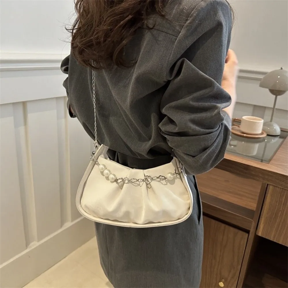 

Сплошной цвет, сумка через плечо с облаком, искусственная кожа, корейский стиль, сумка через плечо с жемчужной цепочкой, плиссированная сумка на одно плечо с цепочкой для покупок