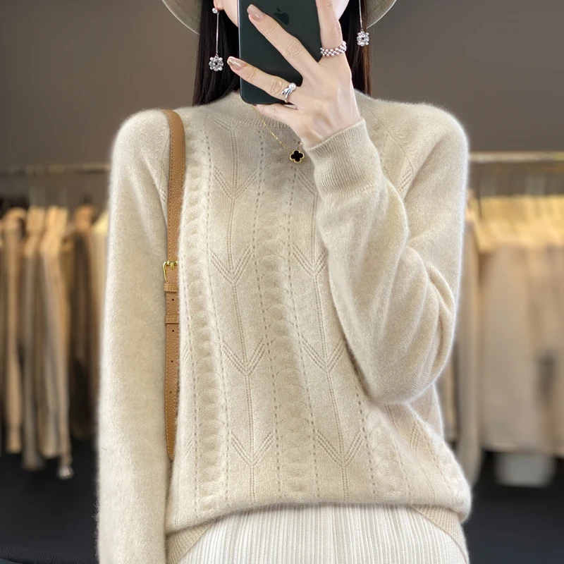 Autumn and Winter 2023 New Women\'s Half High Collar Pullover 100% Merino Wool Knitted Top Casual Loose Cashmere Sweater