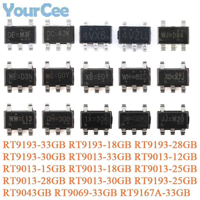 20 piezas/10 Uds RT9193-25GB RT9069-33GB RT9193 RT9013 -15GB 18GB -28GB -30GB SOT-23-5 RT9043GB RT9167A-33GB 300mA Chip regulador LDO