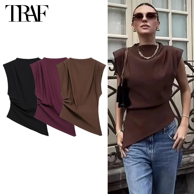 TRAF Asymmetric Tank Top Female Ruched Sleeveless Tops for Women High Neck Strapless Top Women Fashion Aesthetic Tops Woman 2025