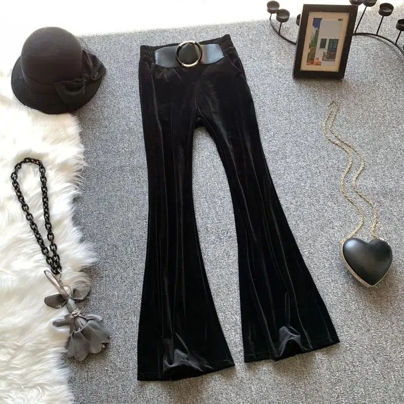 Gold Velvet Flared Pants Women Clothing Spring Autumn New High-waist Slim Casual Trousers Female Black Bell Bottoms