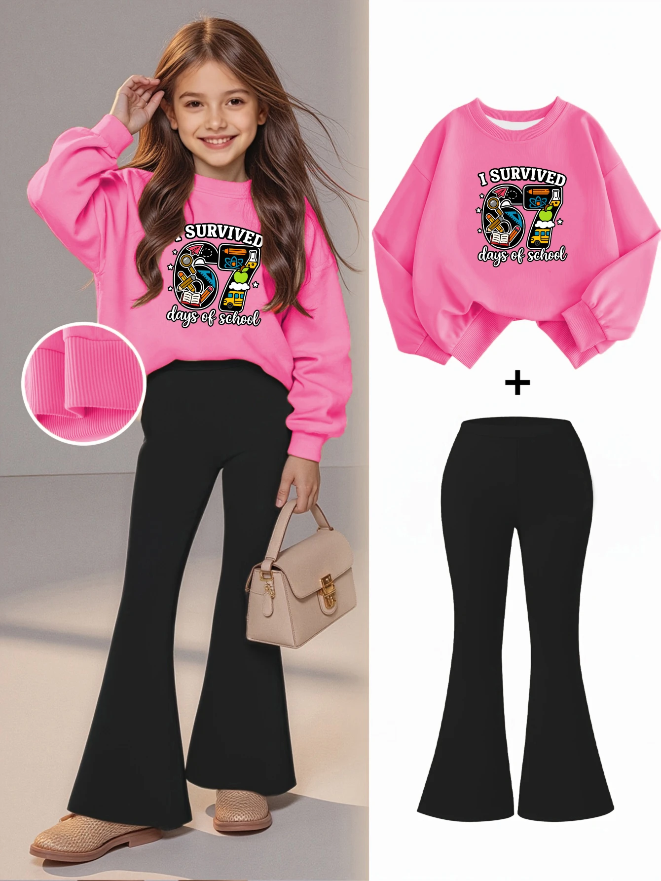 2PCS Girls Sweatshirt pants Set Six seven days of school Print Girls' clothes Long-Sleeved weatshirt + Bell Bottom Pants Set