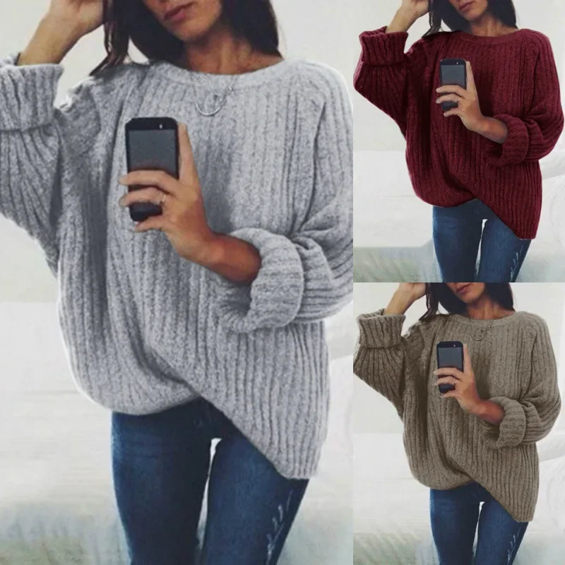 Sweater Women's Fashion Solid Color Round Neck Knitted Top Sweater Pullover Women's Clothing