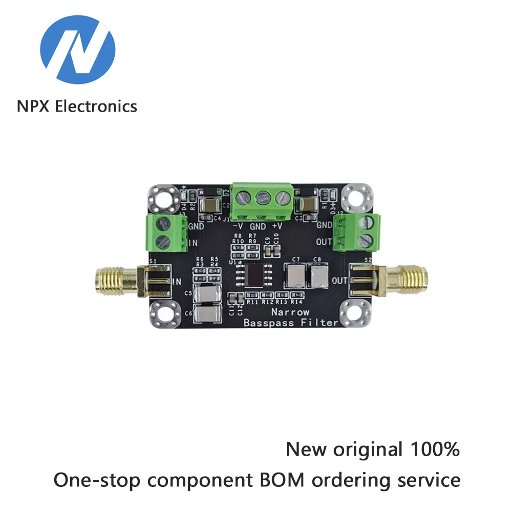 

Active narrowband bandpass filter module, high-pass and low-pass RC filtering, customizable center frequency and bandwidth