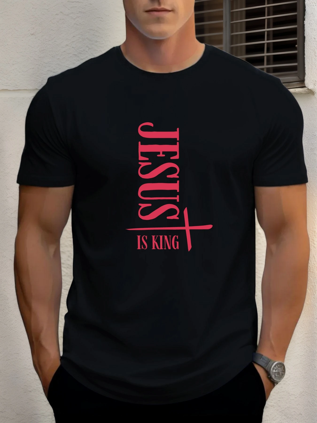 

Man Short Sleeve T-shirt JESUS IS KING Print Summer Round Neck Oversized Tee Casual Fashion High Quality Clothing