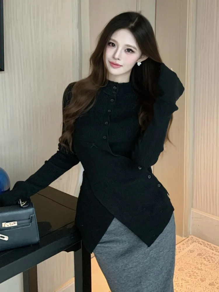 

Retro Color Asymmetrical Cross High Collar Knitted Base Shirt Women's Slim Fit Split Top City Walk Skin Friendly Breath...