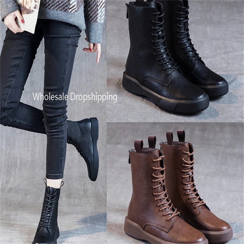 

Large Women's British Style 2023 Autumn and Winter New Flat Bottom Retro Medium Sleeve Women's Single Boot Lace Up Back Zipper